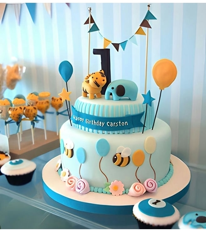 Blue and Yellow Tiered Boy's Birthday Cake