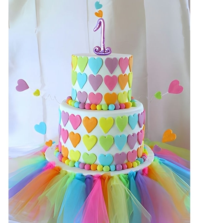 Rainbow Hearts Tower Birthday Cake