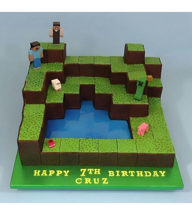 Minecraft Block Village Birthday Cake