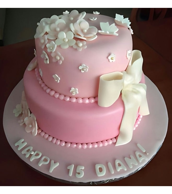 Pink Flowers and Bow Cake