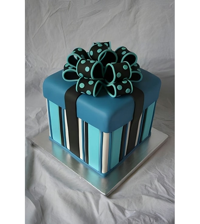 Blue & Black Stripes Gift Box Cake, Bow Cakes