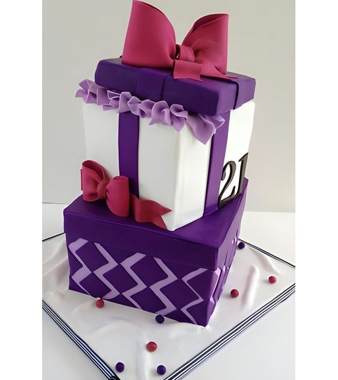 Purple Gift Box & Pink Bows Tiered Cake