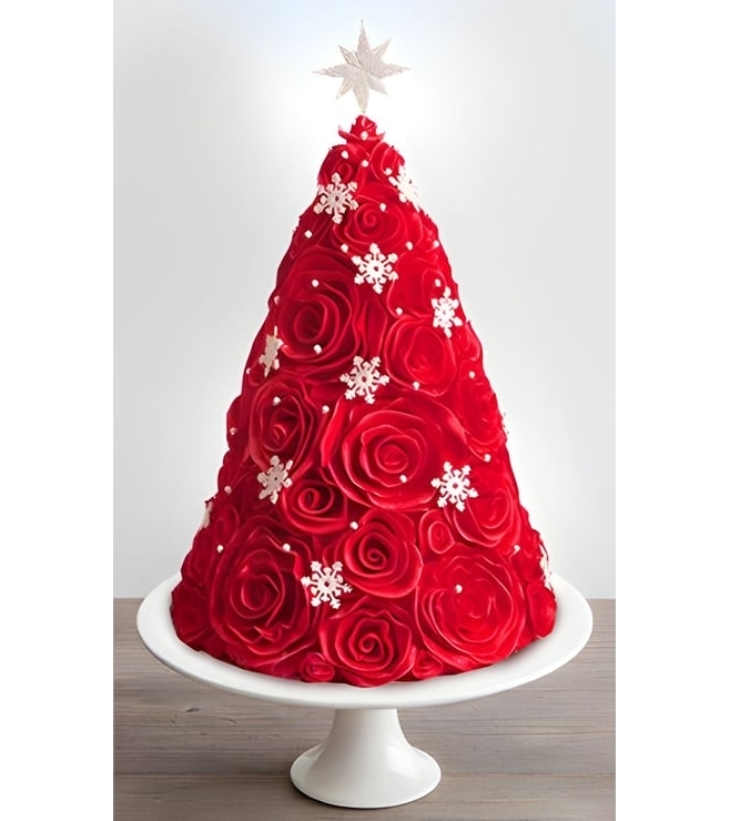 Red Rosette Christmas Tree Cake