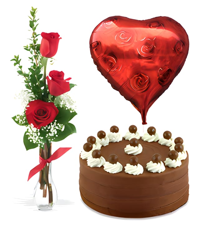 Anniversary Surprise Collection: Three Roses, Signature Chocolate Cake, Heart Balloon