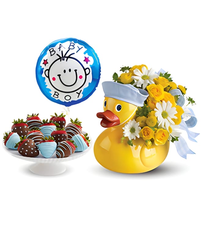 Baby Boy Duckie Bundle with Balloon and Strawberries, New Baby