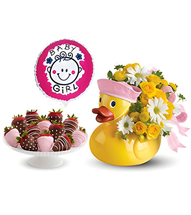 Baby Girl Duckie Bundle with Balloon and Strawberries, New Baby