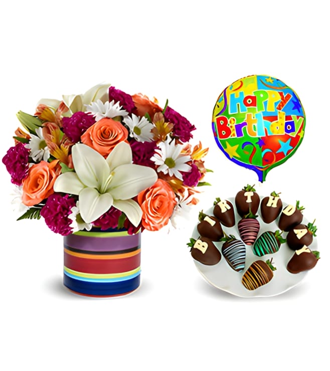 Birthday Meadow Bouquet, Strawberries and Balloon Bundle, Black Friday Deals