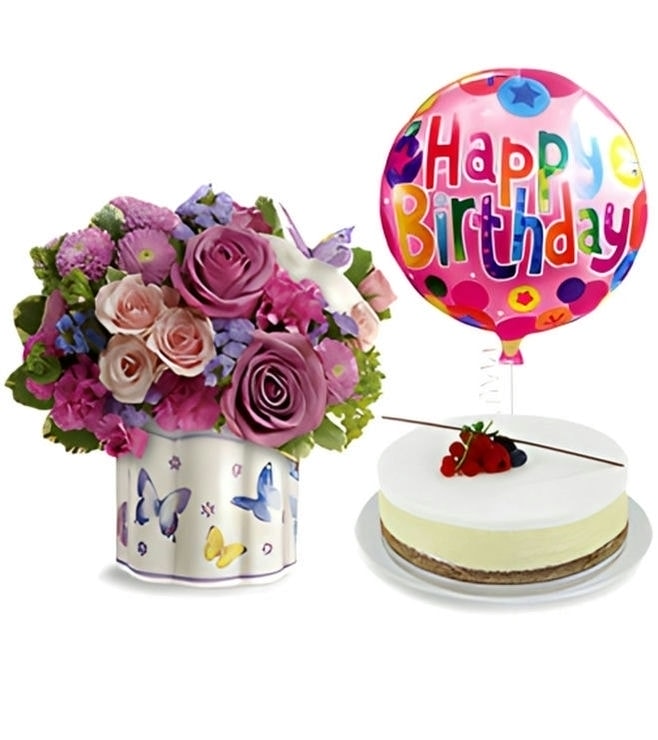 Field of Butterflies Birthday Treat: Flowers, Cheesecake and Balloon, Abu Dhabi Online Shopping
