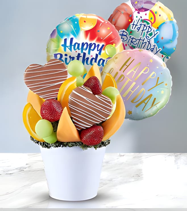 Happiest Birthday Heart Fruit Bouquet Bundle, Fruit Baskets