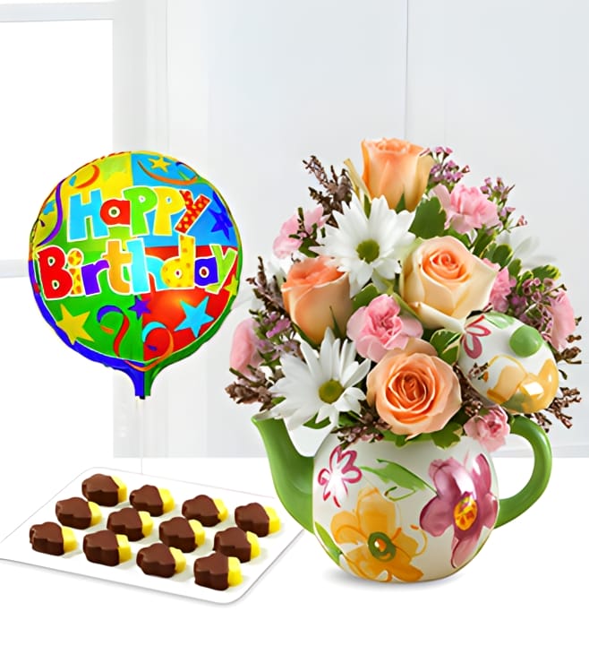 Birthday Teapot Blooms, Pineapple & Balloon Bundle