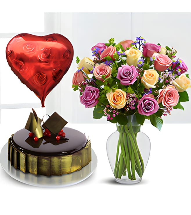 Rose Lovers Bundle with Flowers,  Cake and Balloons, Thinking of You