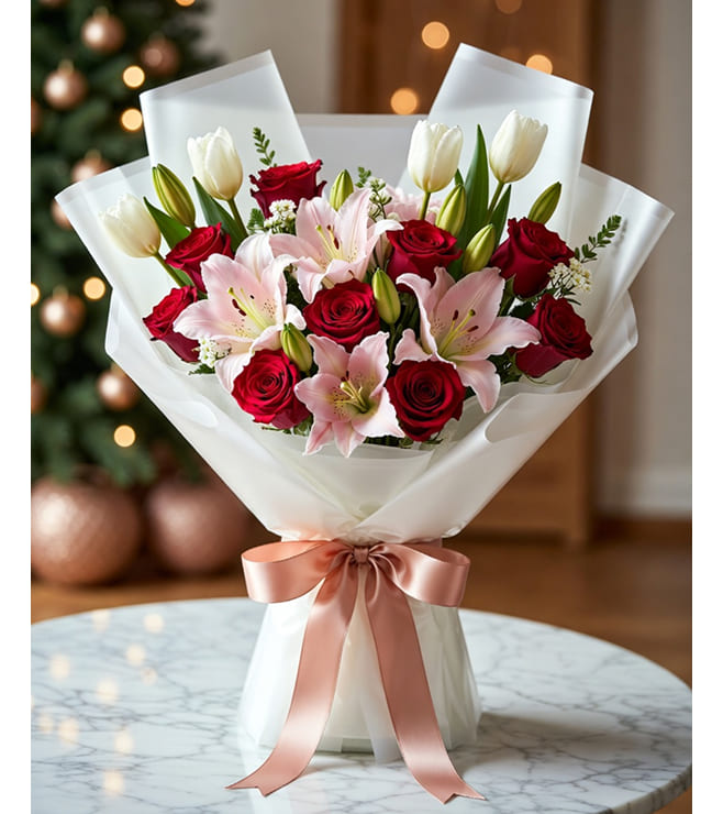 Rosy Winter Lily Bouquet, Christmas Gifts