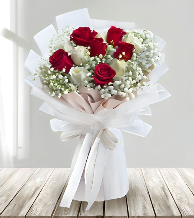 Serene Red and White Rose Bouquet