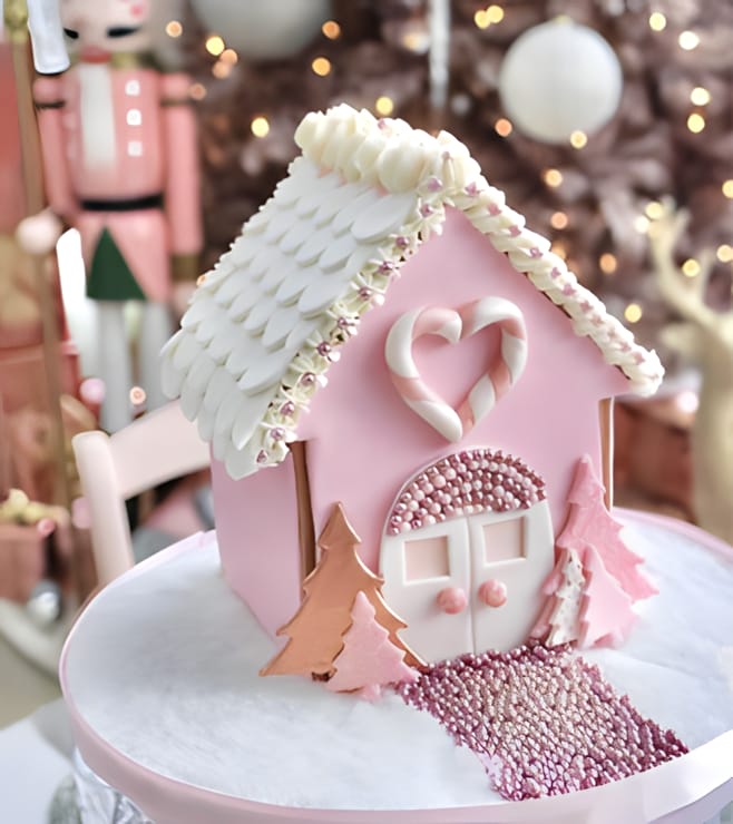 Snowy Pink Gingerbread House, Christmas Cakes