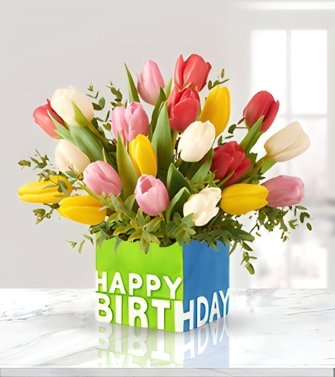 Cheerful Birthday Wishes Bouquet, Tulips