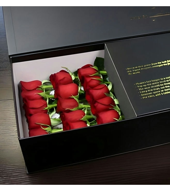 True Love - Long Stem Red Roses in Black Box, Valentine's Day