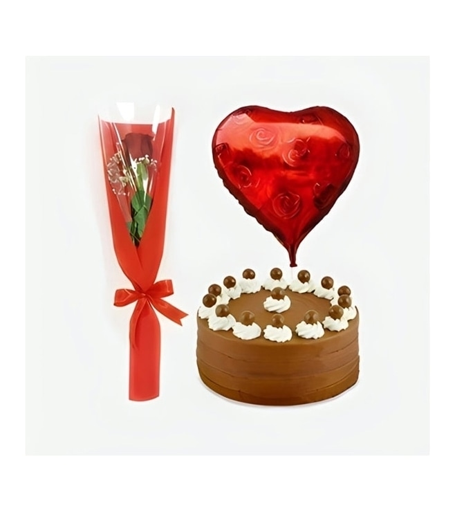 Perfect Romance Collection: Single Red Rose, Signature Chocolate Cake and Heart Balloon