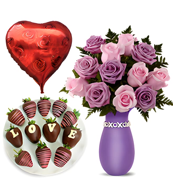 Anniversary Royal Treatment Bouquet, Strawberries and Balloon Bundle, Love and Romance