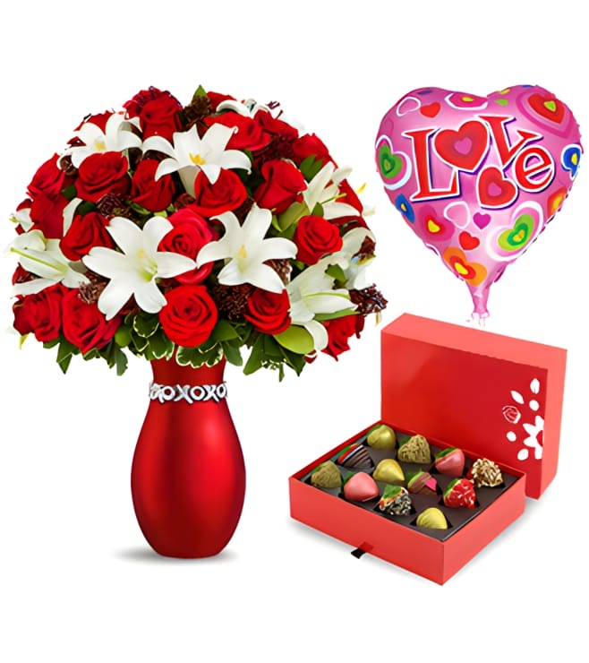 XOXO Bouquet, Strawberries and Balloon Love Bundle