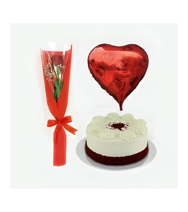 Perfect Romance Collection: Single Red Rose, Red Velvet Cake and Heart Balloon