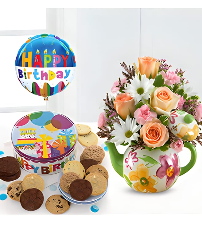 Birthday Teapot Blooms, Cookies &  Balloon Bundle, 1-Hour Gift Delivery