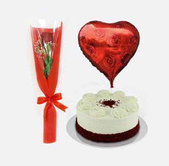 Perfect Romance Collection: Single Red Rose, Red Velvet Cake and Heart Balloon
