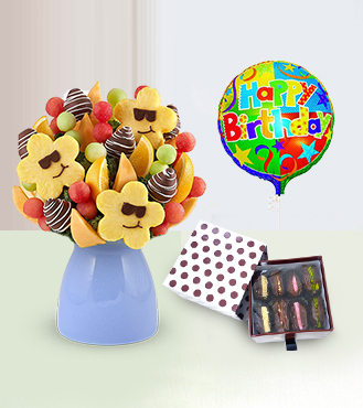 Sizzling Sweet Fruit Bouquet with Dates Delights Box and Birthday Balloon