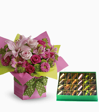 Pretty Pink Present Bouquet with Assorted Dates Box