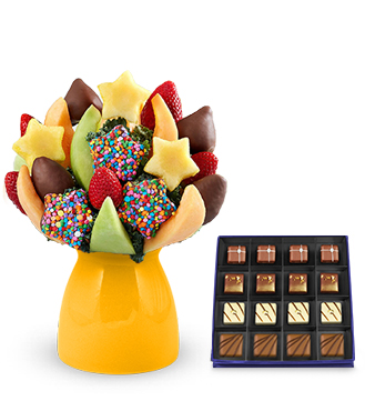 Scrumptious Surprise Fruit Bouquet with Guilty Pleasures Chocolate Box