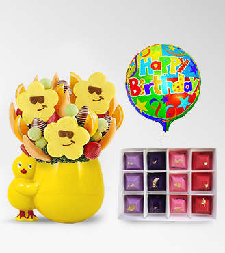 Little Chikadee Fruit Bouquet, Four Seasons Gemstone Chocolates & Birthday Balloon