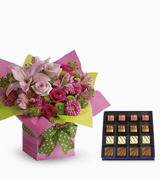 Pretty Pink Present Bouquet with Guilty Pleasures Chocolate Box
