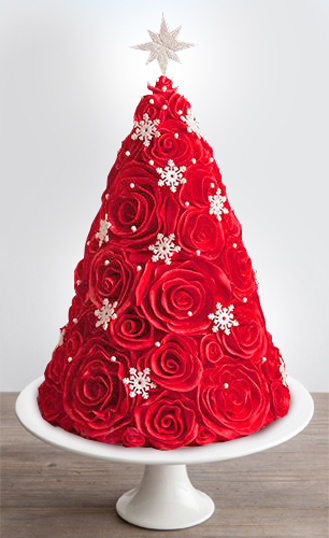 Red Rosette Christmas Tree Cake