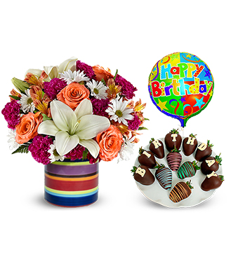 Birthday Meadow Bouquet, Strawberries and Balloon Bundle