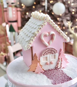 Snowy Pink Gingerbread House
