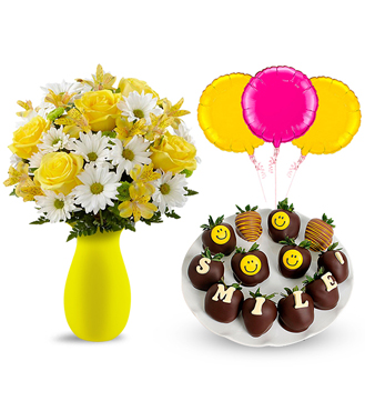 Sunny Sentiments Surprise with Flowers, Strawberries and Balloons