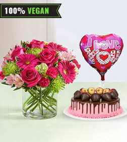 With All My Heart - Pink Bouquet, Vegan Cake, Love Balloon