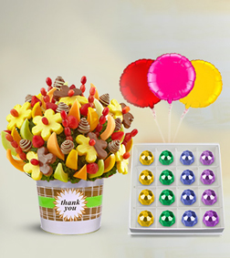 Thank You Fruit Bouquet, Treasured Delicacies Gemstone Chocolates & Balloon Bouquet