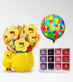 Little Chikadee Fruit Bouquet, Four Seasons Gemstone Chocolates & Birthday Balloon