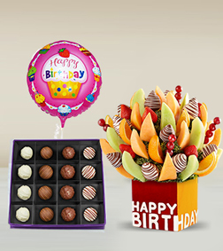 Birthday Fruit Bouquet, Imperial Truffles Box & Birthday Balloon