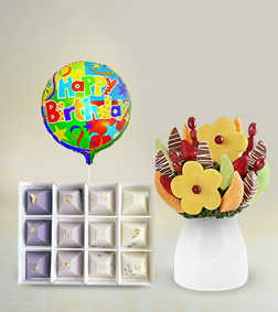 Dashing Daisies Fruit Bouquet, Artisanal Excellence Chocolates & Birthday Balloon