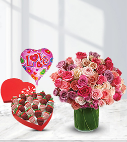Celebrate Love - Rose Bouquet with Dipped Strawberry Heart Box and Balloons