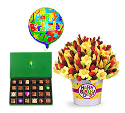 Lusciously Grand Birthdays - Fruit Bouquet Pail with Balloon and Chocolates by Annabelle C