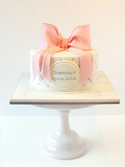 Pink Flowing Bow Christening Cake