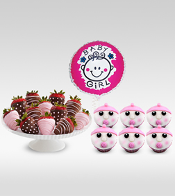 Pink Bundle of Joy : Dozen Strawberries, Cupcakes and Balloon