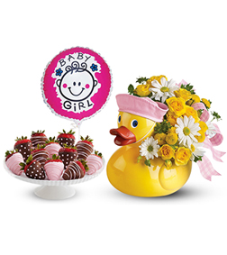 Baby Girl Duckie Bundle with Balloon and Strawberries, New Baby