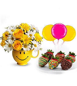 Be Happy Birthday Surprise Bundle: Flowers, Strawberries and Balloons