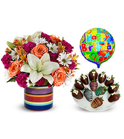 Birthday Meadow Bouquet, Strawberries and Balloon Bundle