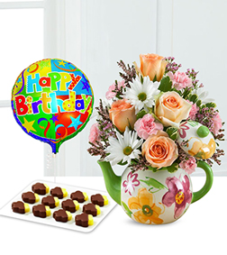 Birthday Teapot Blooms, Pineapple & Balloon Bundle