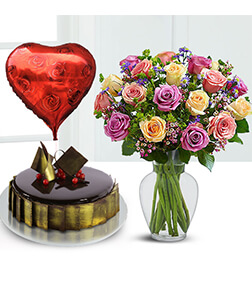 Rose Lovers Bundle with Flowers,  Cake and Balloons, Dubai Online Shopping