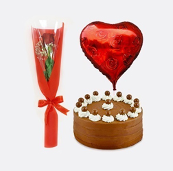 Perfect Romance Collection: Single Red Rose, Signature Chocolate Cake and Heart Balloon